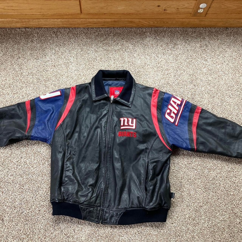 NFL New York Giants Vintage Leather Varsity Bomber Jacket Mens XXL Black Blue